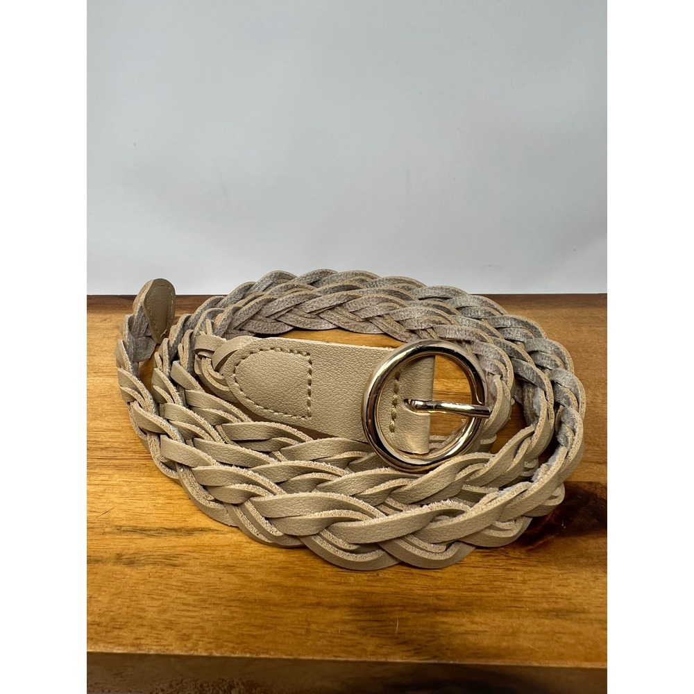 Unbranded Braided Waist Belt Womens 48 In Woven Tan Beige Gold Buckle Excellent
